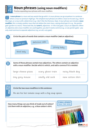 Noun Phrases Using Noun Modifiers Worksheet Year 4 Spag Teaching 