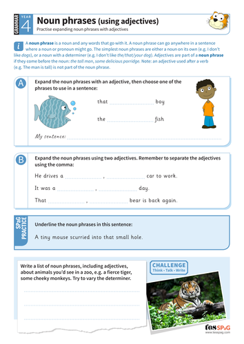 Noun phrases using adjectives worksheet - Year 4 Spag