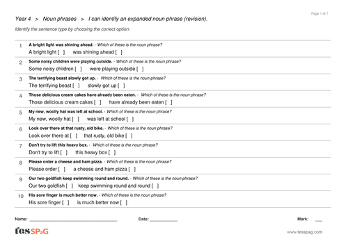 Noun Phrases Question Sheets - Year 4 Spag