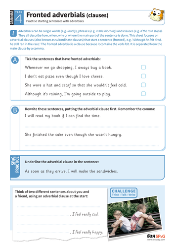 Fronted adverbials (clauses) worksheet - Year 4 Spag