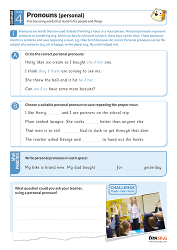 Personal Pronouns Worksheet Year 4 Spag By Tes Elements