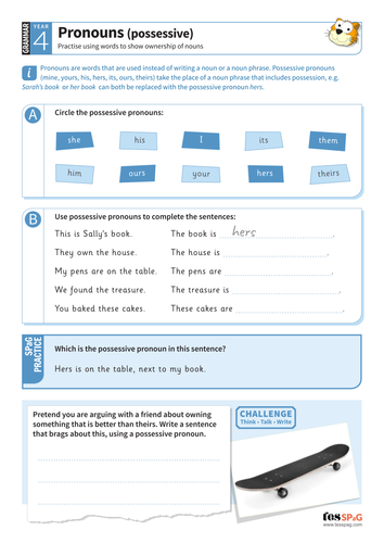 Possessive pronouns worksheet - Year 4 Spag | Teaching Resources