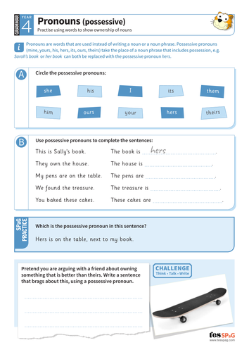 Possessive pronouns worksheet - Year 4 Spag