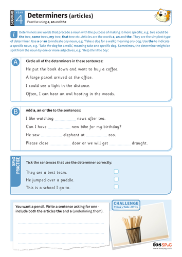 Determiners Articles Worksheet Year 4 Spag By Tes