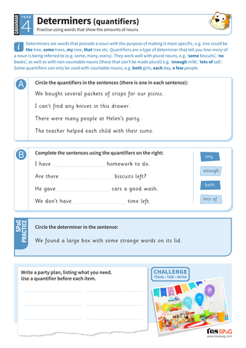 Determiners Quantifiers Worksheet Year 4 Spag Teaching Resources