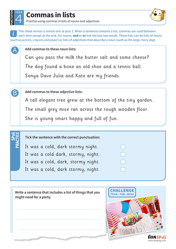 Using commas in lists worksheet - Year 4 Spag