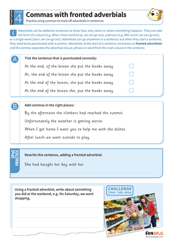 Using commas with fronted adverbials worksheet - Year 4 Spag