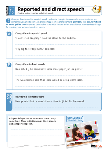 Reported and direct speech worksheet - Year 5 Spag