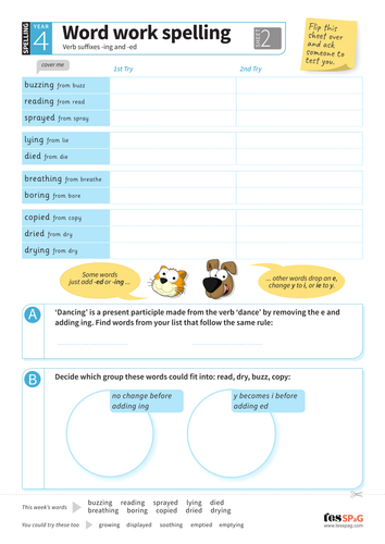 Verb suffixes -ing and -ed - Spelling Worksheet - Year 4 Spag ...