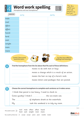 Homophones And Near Homophones Spelling Worksheet Year 4 Spag