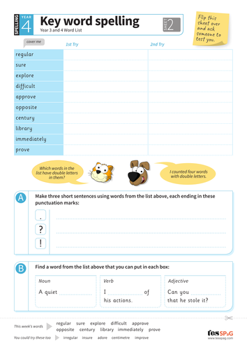 Key Words Spelling Worksheet 2 - Year 3/4 Spag