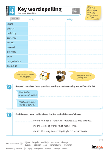 Key Words Spelling Worksheet 4 - Year 3/4 Spag