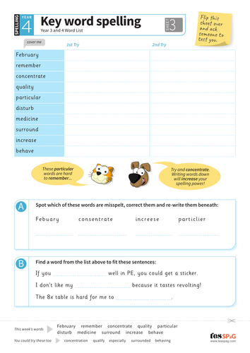 Key Words Spelling Worksheet 3 - Year 3/4 Spag