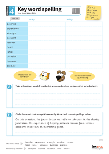key words spelling worksheet 1 year 34 spag teaching resources