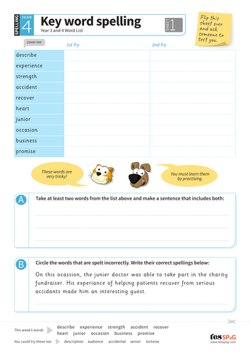 Key Words Spelling Worksheet 1 - Year 3/4 Spag
