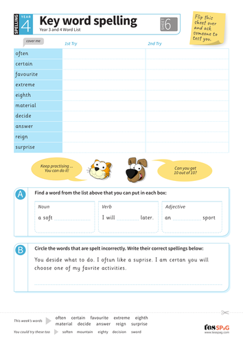 Key Words Spelling Worksheet 6 - Year 3/4 Spag