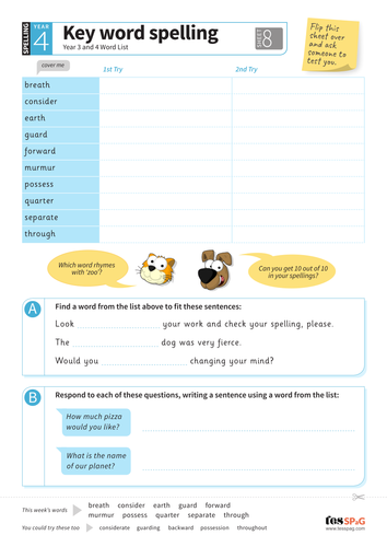 Key Words Spelling Worksheet 8 - Year 3/4 Spag