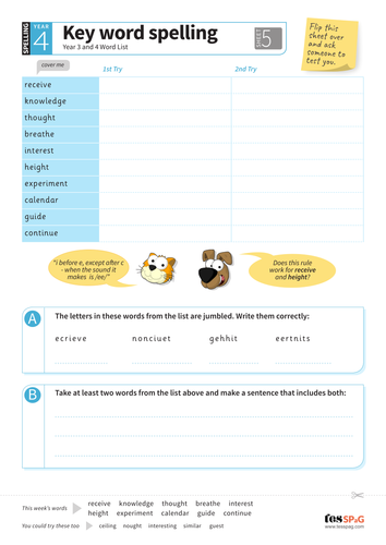 Key Words Spelling Worksheet 5 - Year 3/4 Spag