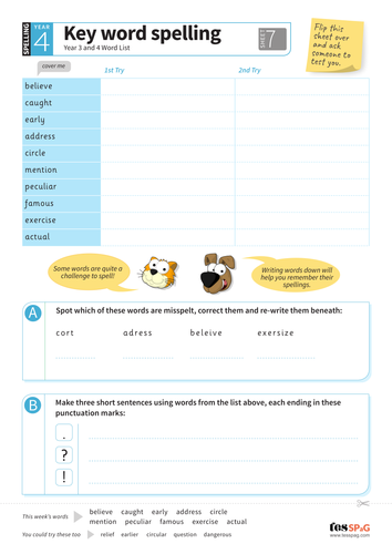 key words spelling worksheet 7 year 34 spag teaching resources