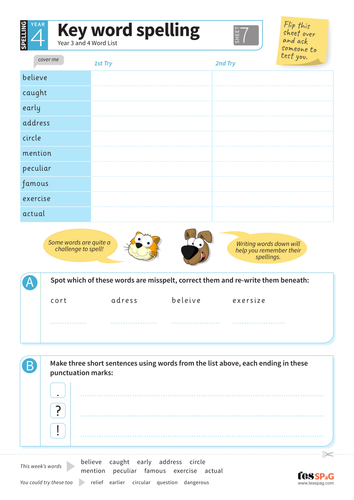 Key Words Spelling Worksheet 7 - Year 3/4 Spag
