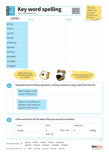 Key Words Spelling Worksheet 10 - Year 3/4 Spag