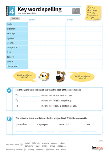 Key Words Spelling Worksheet 9 - Year 3/4 Spag