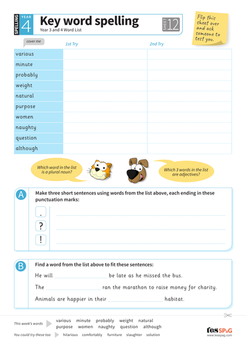 Key Words Spelling Worksheet 12 - Year 3/4 Spag