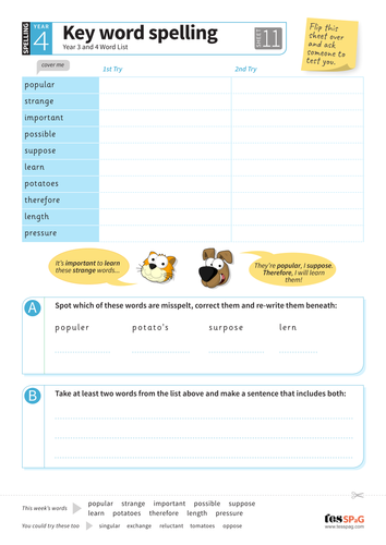 Key Words Spelling Worksheet 11 - Year 3/4 Spag