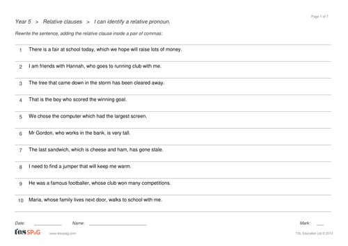 Relative Clause Questions Year 5