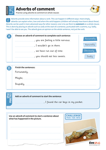 Using adverbs of comment worksheet - Year 5 Spag