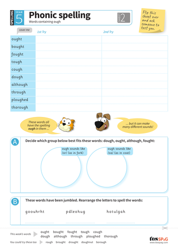 Words containing ough - Spelling Worksheet - Year 5 Spag