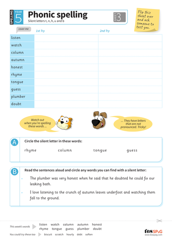 Silent Letters T N H U B Spelling Worksheet Year 5 Spag Teaching Resources