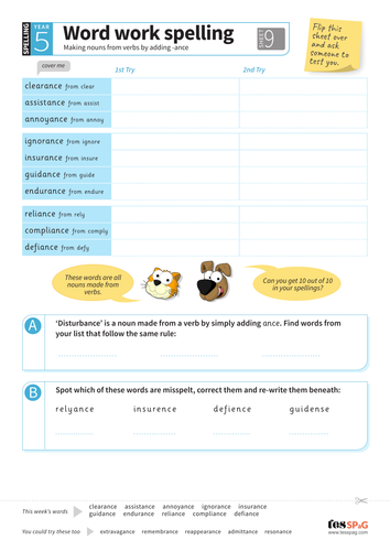 nouns from verbs by adding ance spelling worksheet