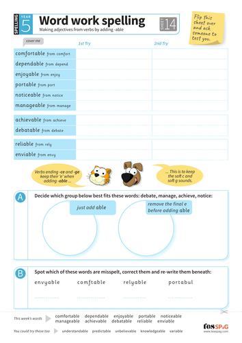 adjectives from verbs by adding able spelling worksheet