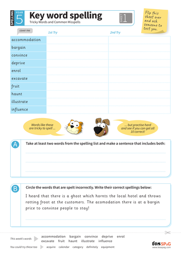 Tricky Words Spelling Worksheet 1 - Year 5/6 Spag