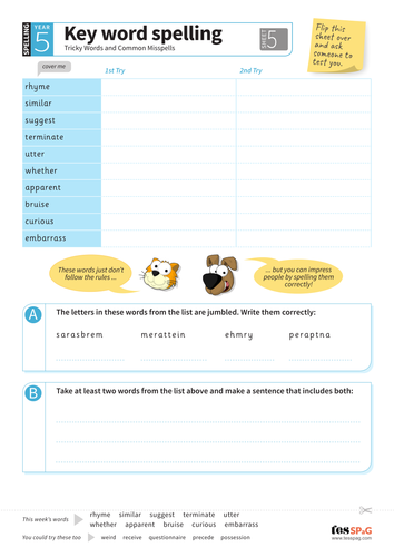 Tricky Words Spelling Worksheet 5 Year 5 6 Spag Teaching Resources