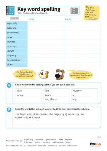 Tricky Words Spelling Worksheet 6 - Year 5/6 Spag ...