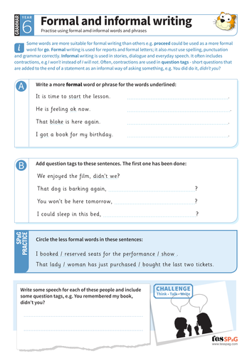 Formal and informal writing worksheet - Year 6 Spag