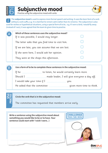 Subjunctive Mood Worksheet Year 6 Spag