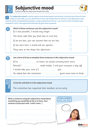 Subjunctive mood worksheet - Year 6 Spag