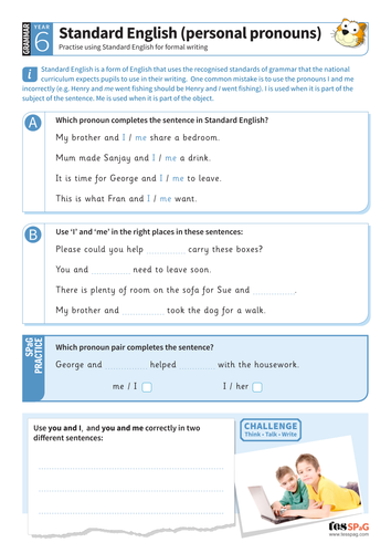 standard english personal pronouns worksheet year 6