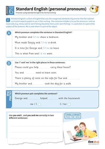 Standard English (personal pronouns) worksheet - Year 6 Spag
