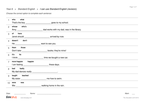 standard english question sheets year 6 spag teaching