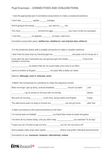 connectives and conjunctions worksheet year 6 spag teaching resources