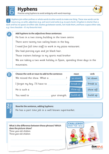 hyphens worksheet year 6 spag teaching resources