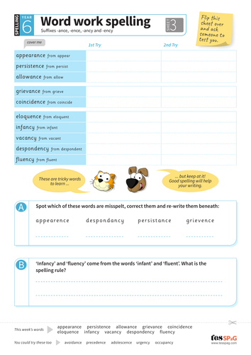 Suffixes -ance, -ence, -ancy, -ency - Spelling Worksheet - Year 6 Spag