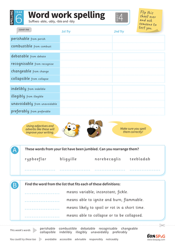 Suffixes -able, -ably, -ible, -ibly - Spelling Worksheet - Year 6 Spag