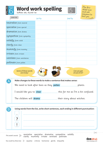 Suffixes -ate, -ify, -ise - Spelling Worksheet - Year 6 Spag