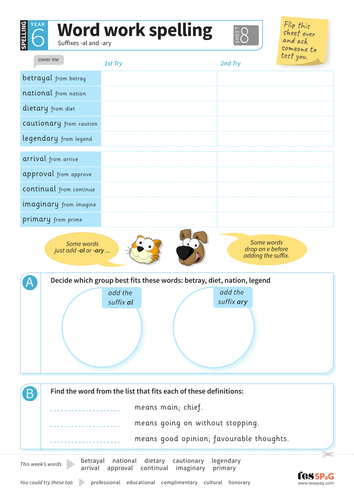 suffixes al ary spelling worksheet year 6 spag teaching resources