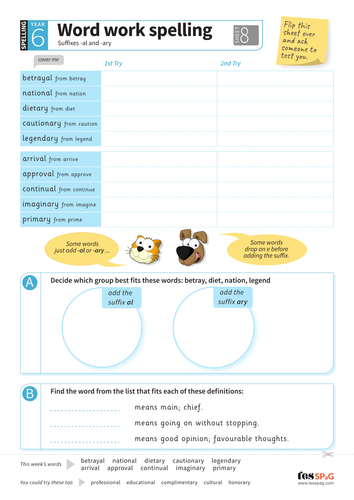 Suffixes -al, -ary - Spelling Worksheet - Year 6 Spag